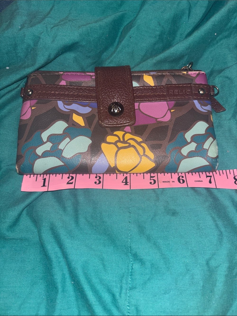 Relic Floral Wristlet Wallet in Teal, Yellow, Purple & Brown